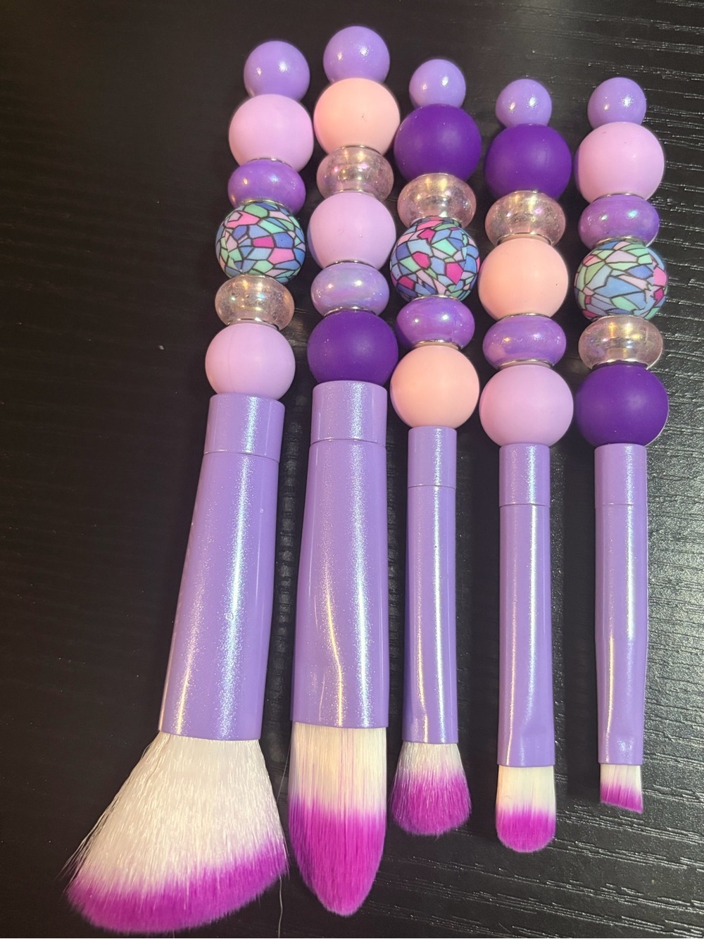 Purple & Pink Beaded Handle Makeup Brush Set - Women Makeup Brushes & Tools